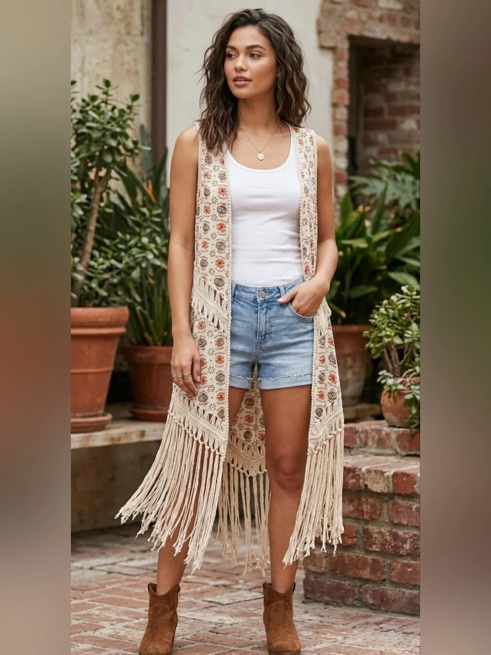 Umgee Boho Aztec Fringe Long Duster Vest Crochet Trim Plus Size 1XL - Picture 2 of 16